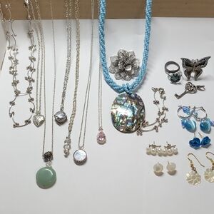 Handmade Blue Bead Necklace with Abalone Pendant - Elegant Women's Jewelry Lot